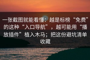一张截图就能看懂：越是标榜“免费”的这种“入口导航”，越可能用“播放插件”植入木马；把这份避坑清单收藏