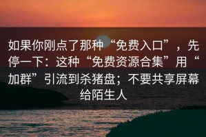 如果你刚点了那种“免费入口”，先停一下：这种“免费资源合集”用“加群”引流到杀猪盘；不要共享屏幕给陌生人